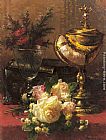 Jean-Baptiste Robie A Bouquet of Roses and other Flowers in a Glass Goblet with a Chinese Lacquer Box and a Nautilus Cup on a red Velvet draped Table painting